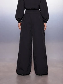 MISSGUIDED Quần nylon ống rộng cạp cao dáng rộng dài toàn chân, có túi hai bên và cạp chun, phong cách streetwear thường ngày thoải mái - màu đen - Xem 4