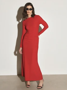 Đầm ôm bodycon KSTM cổ thuyền tay dài nhún eo, dệt kim mịn, dáng ôm sát, váy dạ hội dự tiệc - Đỏ - Xem 4