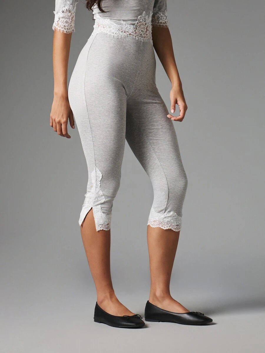 MISSGUIDED High Rise Cropped Leggings With Floral Lace Trim Hem And Side Split Ankle Detail Everyday Casual Style - Grey - View 1