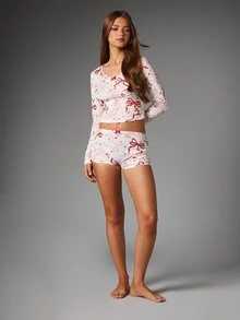 MISSGUIDED Valentine Bow And Heart Print Ribbed Knit Crop Top And Mini Shorts Co-Ord Set With V-Neck And Lace Trim - White - View 3