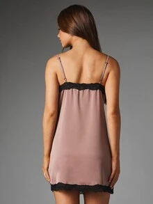 MISSGUIDED Satin Mini Slip Dress With Deep V-Neck Black Lace Trim Side Split Hem Adjustable Straps Lingerie Style - Coffee Brown - View 2