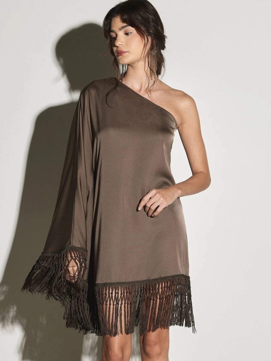 KSTM One-Shoulder Satin Mini Dress With Bell Sleeve And Macrame Fringe Hem Trim Elegant Evening Party Shift Style - Brown - View 1