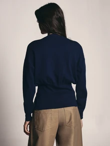 KSTM Deep V-Neck Fine Knit Cardigan With Gold Ring Closure Long Sleeve Wrap Style Cropped Sweater Top - Navy Blue - View 2
