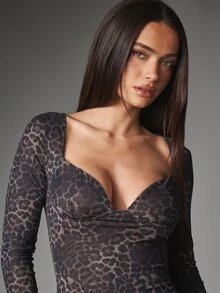 MISSGUIDED Leopard Print Mesh Mini Dress Long Sleeve Plunge Neckline Baby Blue Lace Trim Hem Split Bodycon Sheer Night Out - Multicolor - View 5