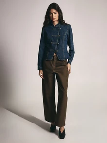 KSTM Dark Wash Denim Military Jacket With Stand Collar Asymmetric Toggle Button Closure Fitted Silhouette And Princess Seam Detailing - Blue - View 3