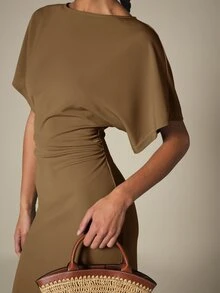 KSTM Bateau Neck Midi Dress With Dolman Sleeves Ruched Waist And Back Slit Elegant Everyday Occasion Wear - Brown - View 6