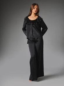 MISSGUIDED Satin Ruffle Trim Co-Ord Set With Scoop Neck Blouse And Wide Leg Lounge Pants For Evening And Night Out - Black - View 4