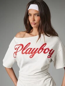 Missguided x Playboy Bộ đồ mặc nhà casual 2 món phối logo chữ, áo thun oversized trễ vai và quần short mini thắt nơ trước - Xám - Xem 3