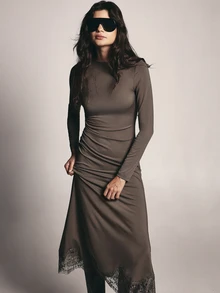 KSTM Long Sleeve Crew Neck Dress With Lace Hem Trim Fitted Sheath Silhouette Smooth Knit Fabric Evening Style - Dark Grey - View 4