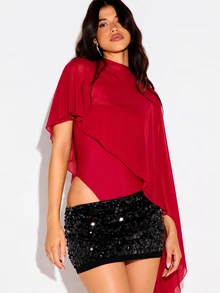 KIZN Chiffon Cape Bodysuit With High Neck Butterfly Sleeves Flowing Draped Back Party Night Out One-Piece Top - Burgundy - View 5