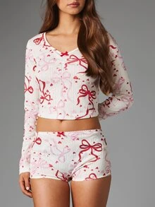 MISSGUIDED Valentine Bow And Heart Print Ribbed Knit Crop Top And Mini Shorts Co-Ord Set With V-Neck And Lace Trim - White - View 5