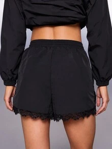 MISSGUIDED Satin Shorts With Lace Trim Hem Drawstring Elastic Waist Mid Rise Relaxed Fit Mid Thigh Length - Black - View 3