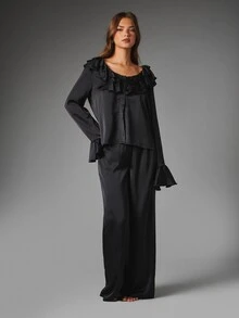 MISSGUIDED Satin Ruffle Trim Co-Ord Set With Scoop Neck Blouse And Wide Leg Lounge Pants For Evening And Night Out - Black - View 1