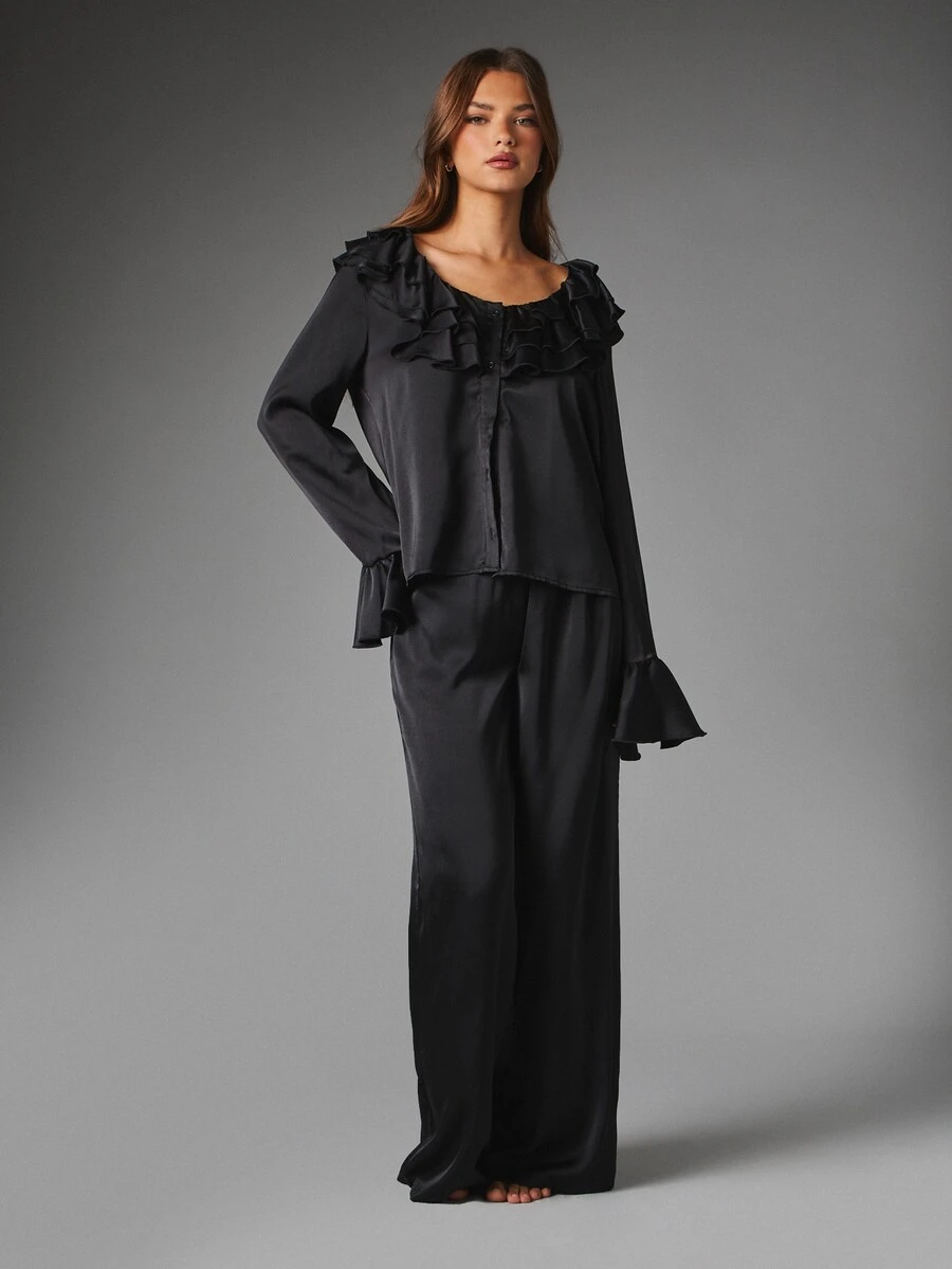 MISSGUIDED Satin Ruffle Trim Co-Ord Set With Scoop Neck Blouse And Wide Leg Lounge Pants For Evening And Night Out - Black - View 1