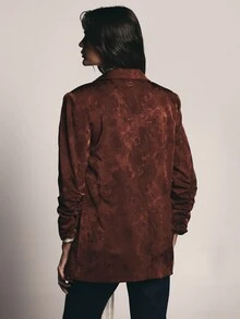 KSTM Jacquard Satin Blazer With Abstract Pattern Lapel Collar Single Button Closure And Ruched Sleeves Hip Length Regular Fit - Brown - View 2