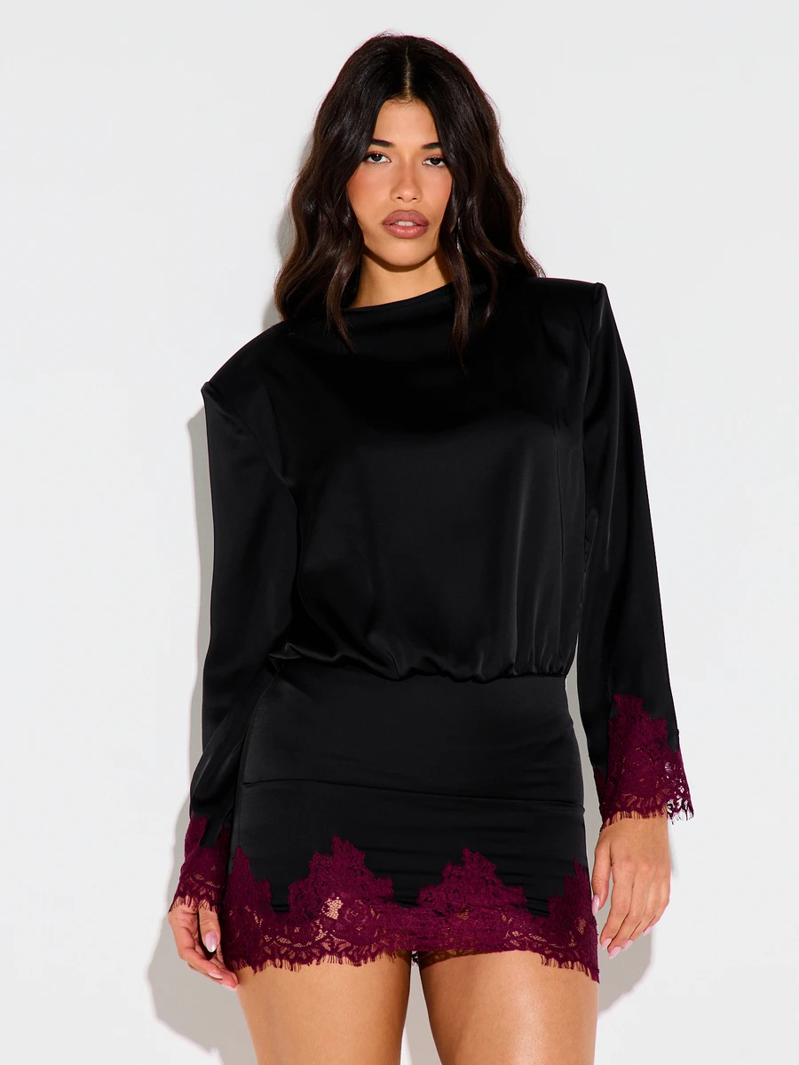 KIZN Satin Mini Dress With Padded Shoulders Long Sleeves Elasticated Waist And Burgundy Lace Trim Hem Cuffs - Black - View 1
