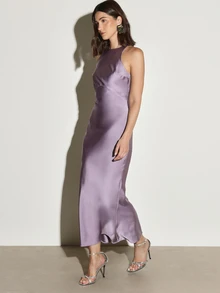 KSTM Satin Halter Neck Sleeveless Midi Dress With Open Back Racerback Design Elegant Evening Formal Occasion Wear Midaxi Length - Purple - View 3