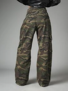 MISSGUIDED Wide Leg Camouflage Cargo Pants With Stud Detailing Large Side Cargo Pockets Mid Rise Full Length Street Style - Army Green - View 7