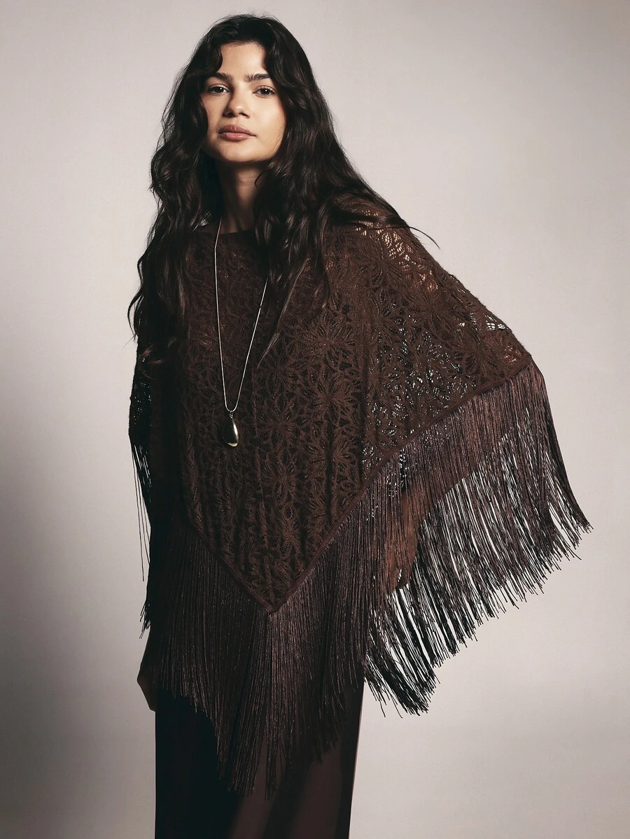 KSTM Floral Lace Fringe Poncho Batwing Sleeve Open Knit Shawl Cape Top With Tassel Hem Boho Festival Style - Coffee Brown - View 1