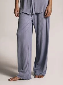 KSTM Ribbed Knit Pajama Co-Ord Set With Button-Up Collared Tunic Top And Wide Leg Full Length Lounge Pants - Blue - View 4