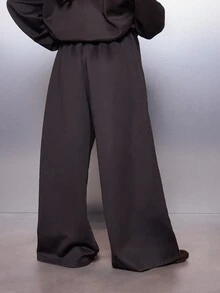 MISSGUIDED Wide Leg Satin Trousers With White Contrast Piping Trim High Rise Drawstring Waist Full Length Palazzo Style Casual Pants - Coffee Brown - View 3