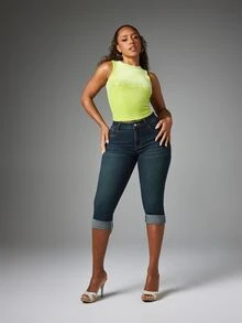 BABYPHAT Skinny croppade capri-jeans med hög midja, strass-skrift, uppvikt fåll och dekorerade bakfickor - Mörktvätt - Visa 3