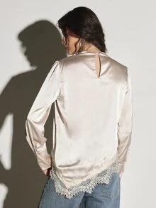 KSTM Satin Stand Collar Long Sleeve Blouse With Lace Trim Hem And Back Keyhole Detail Elegant Evening Top - Beige - View 2