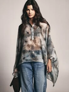 KSTM Sheer Chiffon Watercolor Print Oversized Batwing Blouse With Collared Neck Button Placket And Dramatic High-Low Handkerchief Hem - Multicolor - View 4