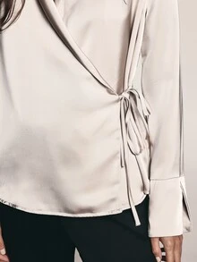 KSTM Satin Wrap Blouse With Side Tie Detail V-Neck Long Sleeve Crossover Front Button Cuff Elegant Evening Top - Khaki - View 5