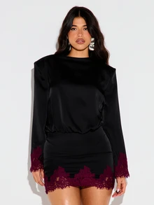 KIZN Satin Mini Dress With Padded Shoulders Long Sleeves Elasticated Waist And Burgundy Lace Trim Hem Cuffs - Black - View 5