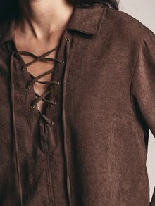 KSTM Lace-Up Plunge Neckline Suede Blouse With Metal Eyelets Long Sleeve Oversized Boxy Casual Streetwear Top - Coffee Brown - View 5