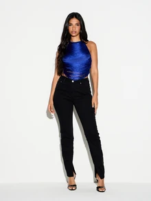 KIZN Metallic Ruched Halter Neck Crop Top With Open Back Tie Detail And Fringe Hem For Night Out - Blue - View 3