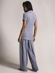 KSTM Ribbed Knit Pajama Co-Ord Set With Button-Up Collared Tunic Top And Wide Leg Full Length Lounge Pants - Blue - View 2