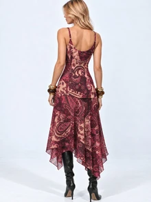 Zerodot Women Hot Pink Paisley Print Asymmetric Midi Dress Vacation Party Fall Pre-Fall - Hot Pink - View 4