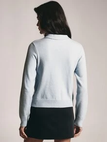 KSTM Embellished Knit Cardigan With Collar Rhinestone Crystal Scatter Detail Button Front Long Sleeve Cropped Sweater - Baby Blue - View 2