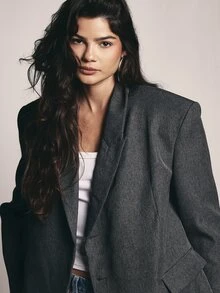 KSTM Oversized Structured Blazer With Strong Shoulders Notched Lapels Single Button Closure And Welt Pockets For Everyday Workwear - Dark Grey - View 5
