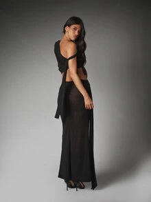 MISSGUIDED Asymmetric One-Shoulder Crop Bralette And Semi-Sheer Ruched Maxi Skirt Co-Ord Set With Tie Detail - Black - View 4