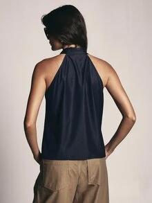 KSTM Halter Neck Vest Top With Frog Button Closure Open Back Sleeveless Tailored Fit Casual Everyday Style - Navy Blue - View 2