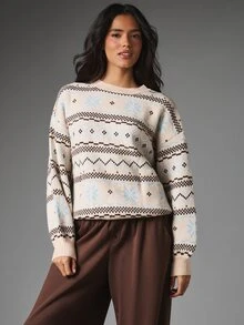 MISSGUIDED Fair Isle Snowflake Knit Sweater Crew Neck Long Puff Sleeve Oversized Winter Pullover With Geometric Nordic Pattern - Multicolor - View 4