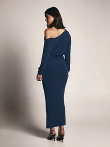 KSTM Off-Shoulder Batwing Long Sleeve Bodycon Dress With Cinched Waist Detail In Soft Sweater Knit Fabric Evening Occasion - Navy Blue - View 2