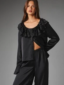MISSGUIDED Satin Ruffle Trim Co-Ord Set With Scoop Neck Blouse And Wide Leg Lounge Pants For Evening And Night Out - Black - View 3