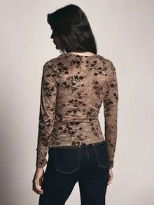 KSTM Floral Print Long Sleeve Wrap V-Neck Ruched Fitted Blouse Top With All Over Botanical Pattern - Coffee Brown - View 2