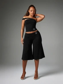 BABYPHAT Wide Leg Culotte Shorts With Fold-Over Waistband Logo Detail Flared Hem Relaxed Fit Below Knee Length Stretch Knit - Black - View 3