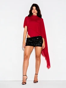 KIZN Chiffon Cape Bodysuit With High Neck Butterfly Sleeves Flowing Draped Back Party Night Out One-Piece Top - Burgundy - View 3