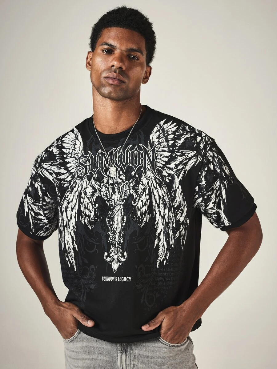 SUMWON Legacy Oversized Graphic T-Shirt With Angel Wings Print Crew Neck Short Sleeve Streetwear Tee - Black - View 1
