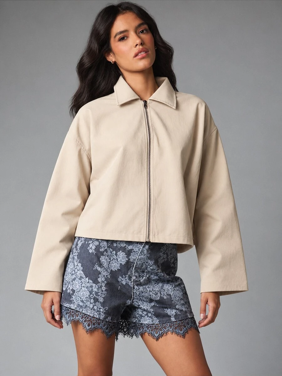 MISSGUIDED High Rise Denim Shorts With Allover Lace Floral Print And Scalloped Lace Trim Hem Casual Mid Thigh Length - Blue - View 1