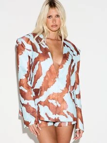 KIZN Oversized Watercolor Tiger Print Blazer With Deep V Neckline Single Button Closure Welt Pockets And Structured Shoulders - Multicolor - View 1