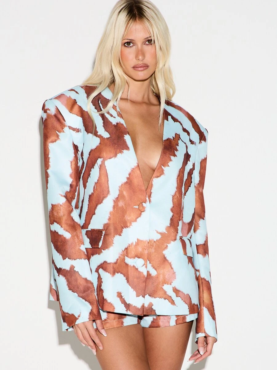 KIZN Oversized Watercolor Tiger Print Blazer With Deep V Neckline Single Button Closure Welt Pockets And Structured Shoulders - Multicolor - View 1