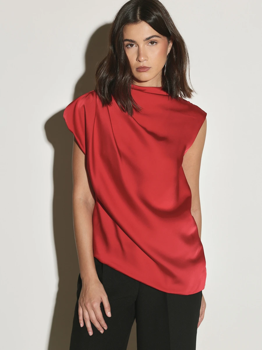 Satin Cowl Neck Cap Sleeve Blouse Elegant Draped Top With Relaxed Fit For Evening And Workwear - Burgundy - View 1