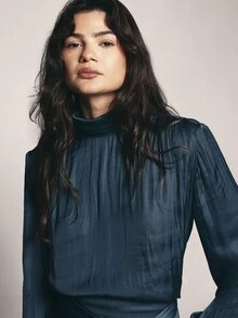 KSTM High Neck Long Sleeve Satin Blouse With Wrap Tie Waist Detail Gathered Front Cropped Length Keyhole Back - Dark Green - View 5